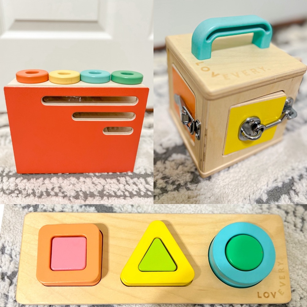 Partial Realist Lovevery play kit (lockbox, sliding ring chute box, geo puzzle)